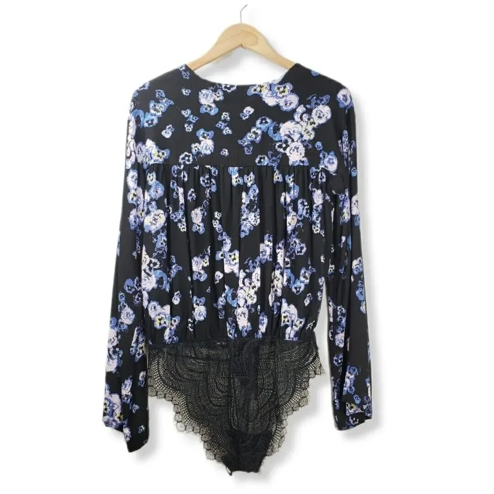 Free People Black Floral Lace Bodysuit Top M Romantic Dark Fairy Boho Whimsy NEW